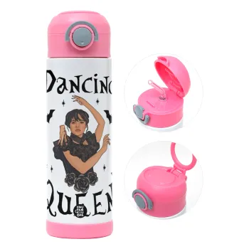 Wednesday Addams Dance, Children's hot water bottle, stainless steel, with safety straw, PINK (500ml)