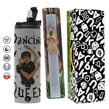 Wednesday Addams Dance, Πασχαλινή Λαμπάδα με Travel Tumbler θερμό (600ml, BPA free) & κερί αρωματικό πλακέ (30cm) (ΓΚΡΙ)