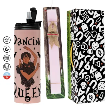 Wednesday Addams Dance, Πασχαλινή Λαμπάδα με  ΡΟΖ Travel Tumbler θερμό (600ml, BPA free) & κερί αρωματικό πλακέ (30cm) (ΡΟΖ)