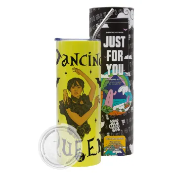 Wednesday Addams Dance, Neon Yellow Travel Tumbler θερμό, μεταλλικό καλαμάκι(Ανωξείδωτο 304 Food grade, BPA free, 600ml)