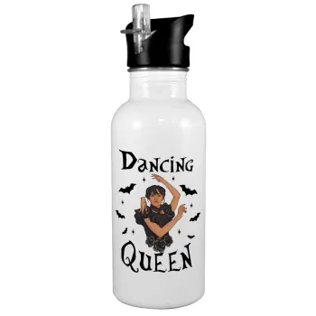 Wednesday Addams Dance, White water bottle with straw, stainless steel 600ml