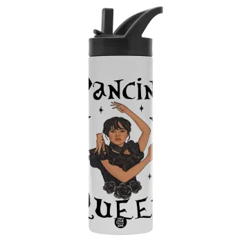 Wednesday Addams Dance, Metallic thermos bottle with straw & handle, stainless steel (Stainless steel 304), double-walled, 600ml.