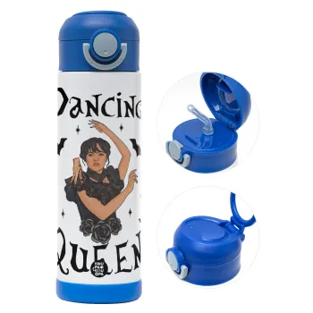 Wednesday Addams Dance, Children's hot water bottle, stainless steel, with safety straw, BLUE (500ml)
