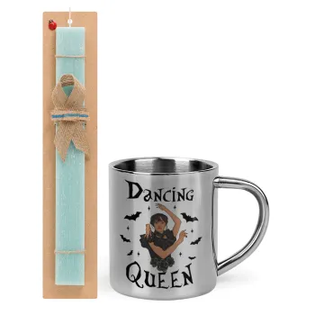 Wednesday Addams Dance, Easter Set, metallic thermal cup (300ml) & aromatic flat Easter candle (30cm) (TURQUOISE)