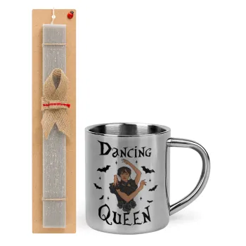 Wednesday Addams Dance, Πασχαλινή Λαμπάδα με μεταλλική κούπα θερμό (300ml) & κερί αρωματικό πλακέ (30cm) (ΓΚΡΙ)