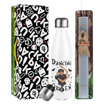 Wednesday Addams Dance, Easter candle, metallic white thermos bottle (500ml) & aromatic flat candle (30cm) (GRAY)