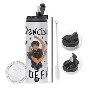 Wednesday Addams Dance, Travel Tumbler 2 Lids, with metal straw & cleaning brush (Stainless steel 304 Food grade, BPA free, 600ml)