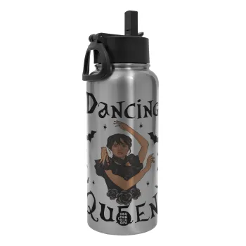 Wednesday Addams Dance, Metal mug thermo Silver with Straw and Spout Lid (Stainless steel), double wall, 950ml