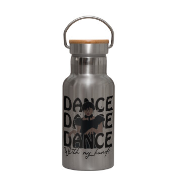 Wednesday dance dance dance, Stainless steel metallic thermos flask, silver with a bamboo lid, double-walled, 350ml.
