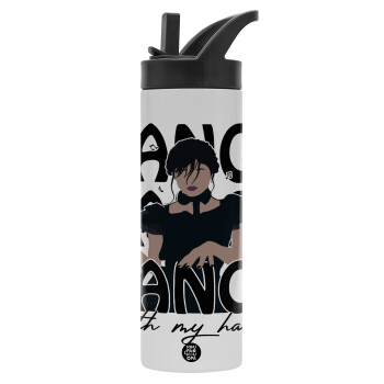 Wednesday dance dance dance, Metallic thermos bottle with straw & handle, stainless steel (Stainless steel 304), double-walled, 600ml.