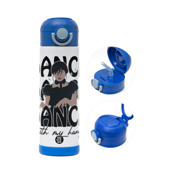 Wednesday dance dance dance, Children's hot water bottle, stainless steel, with safety straw, BLUE (500ml)