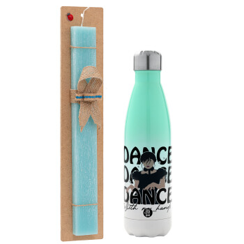 Wednesday dance dance dance, Easter Set, Metallic green/white thermos (Stainless steel), double-walled, 500ml & scented flat Easter candle (30cm) (TURQUOISE)
