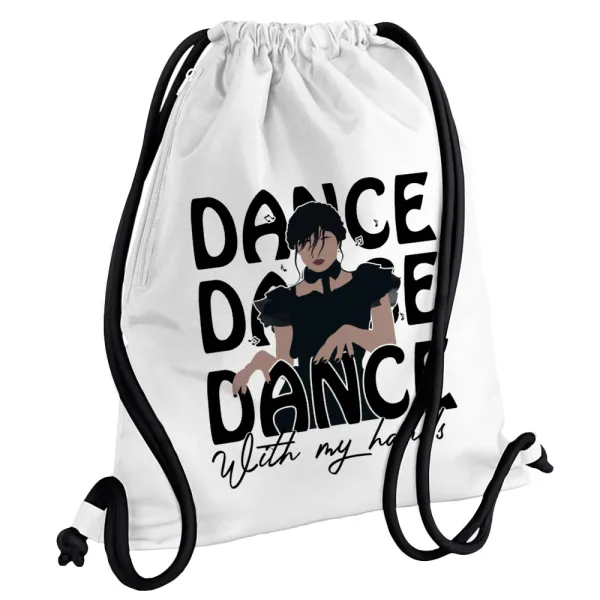 Wednesday dance dance dance — Τσάντα πλάτης πουγκί GYMBAG λευκή, με τσέπη (40x48cm) & χονδρά κορδόνια