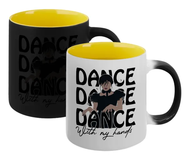 Wednesday dance dance dance — Κούπα Μαγική εσωτερικό κίτρινη, κεραμική 330ml που αλλάζει χρώμα με το ζεστό ρόφημα
