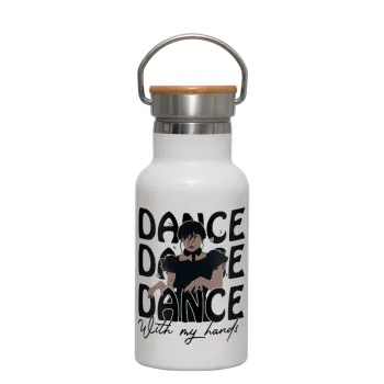 Wednesday dance dance dance, Metallic thermos (Stainless steel) White with wooden lid (bamboo), double-walled, 350ml