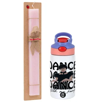 Wednesday dance dance dance, Easter Set, Children's thermal stainless steel water bottle with safety straw, pink/purple (350ml) & Easter scented flat candle (30cm) (PINK)