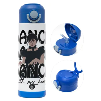 Wednesday dance dance dance, Children's hot water bottle, stainless steel, with safety straw, BLUE (500ml)