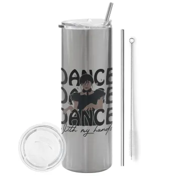 Wednesday dance dance dance, Tumbler ποτήρι θερμό Ασημένιο από ανοξείδωτο ατσάλι 600ml, με μεταλλικό καλαμάκι & βούρτσα καθαρισμού