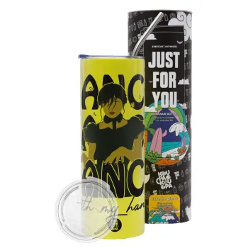 Wednesday dance dance dance, Neon Yellow Travel Tumbler θερμό, μεταλλικό καλαμάκι(Ανωξείδωτο 304 Food grade, BPA free, 600ml)