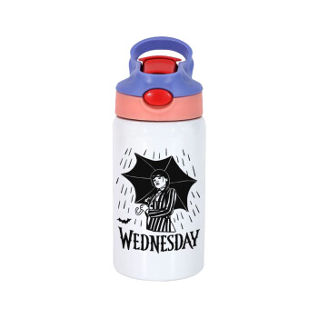 Wednesday Addams, Children's hot water bottle, stainless steel, with safety straw, pink/purple (350ml)