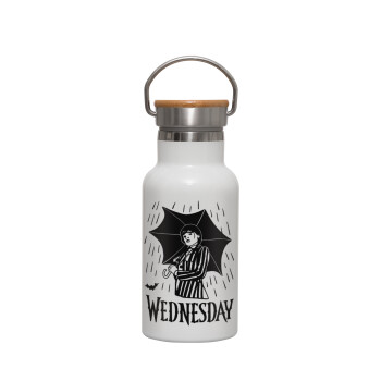 Wednesday Addams, Μεταλλικό παγούρι θερμός (Stainless steel) Λευκό με ξύλινο καπακι (bamboo), διπλού τοιχώματος, 350ml