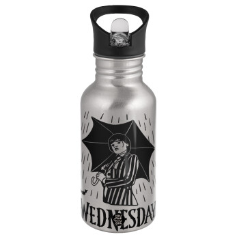 Wednesday Addams, Water bottle Silver with straw, stainless steel 500ml