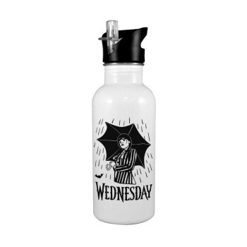 Wednesday Addams, Παγούρι νερού Λευκό με καλαμάκι, ανοξείδωτο ατσάλι 600ml