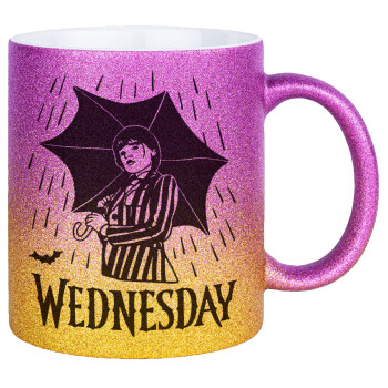 Wednesday Addams, Κούπα Χρυσή/Ροζ Glitter, κεραμική, 330ml