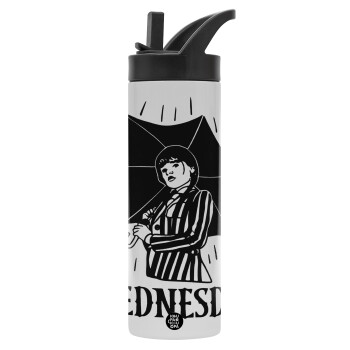 Wednesday Addams, Μεταλλικό παγούρι θερμός με καλαμάκι & χειρολαβή, ανοξείδωτο ατσάλι (Stainless steel 304), διπλού τοιχώματος, 600ml