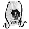 Wednesday Addams, Τσάντα πλάτης πουγκί GYMBAG λευκή, με τσέπη (40x48cm) & χονδρά κορδόνια
