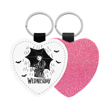 Wednesday Addams, Μπρελόκ PU δερμάτινο glitter καρδιά ΡΟΖ