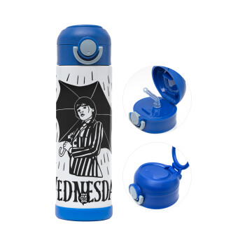 Wednesday Addams, Children's hot water bottle, stainless steel, with safety straw, BLUE (500ml)