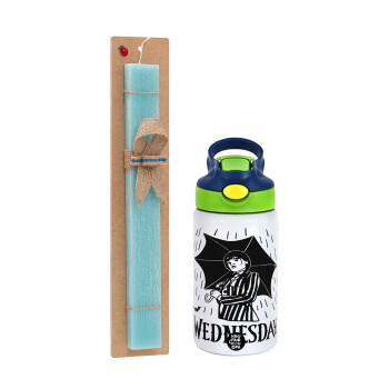 Wednesday Addams, Easter Set, Children's thermal stainless steel bottle with safety straw, green/blue (350ml) & aromatic flat Easter candle (30cm) (TURQUOISE)