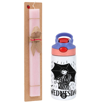 Wednesday Addams, Πασχαλινό Σετ, Παιδικό παγούρι θερμό, ανοξείδωτο, με καλαμάκι ασφαλείας, ροζ/μωβ (350ml) & πασχαλινή λαμπάδα αρωματική πλακέ (30cm) (ΡΟΖ)