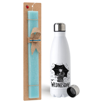 Wednesday Addams, Easter Set, metallic stainless steel water bottle (750ml) & aromatic flat Easter candle (30cm) (TURQUOISE)