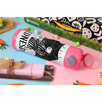Wednesday Addams, Easter candle, Childrens hot water bottle, stainless steel, with safety straw, PINK (500ml)