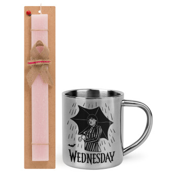 Wednesday Addams, Πασχαλινή Λαμπάδα με μεταλλική κούπα θερμό (300ml) & κερί αρωματικό πλακέ (30cm) (ΡΟΖ)