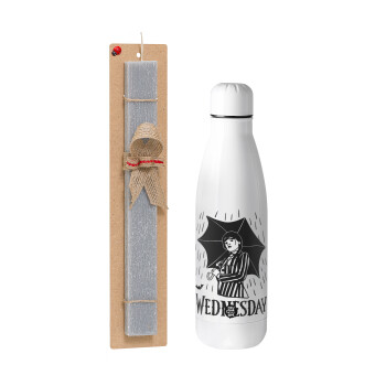 Wednesday Addams, Easter Set, metallic stainless thermos bottle (500ml) & scented flat Easter candle (30cm) (GRAY)