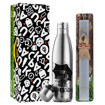 Wednesday Addams, Easter Set, metallic stainless thermos flask (500ml) & scented flat Easter candle (30cm) (GRAY)