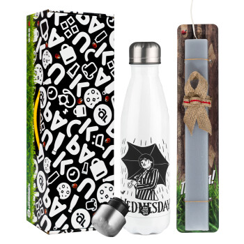 Wednesday Addams, Easter candle, metallic white thermos bottle (500ml) & aromatic flat candle (30cm) (GRAY)