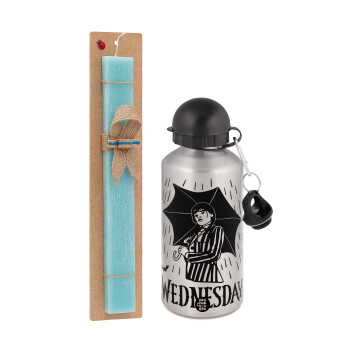 Wednesday Addams, Easter Set, metallic silver aluminum water bottle (500ml) & scented flat Easter candle (30cm) (TURQUOISE)