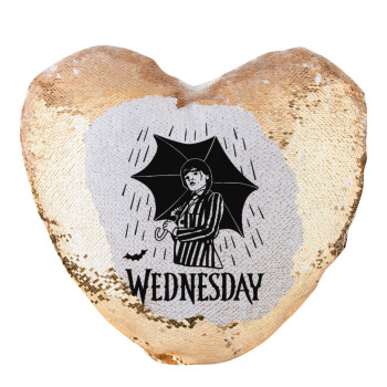Wednesday Addams, Μαξιλάρι καναπέ καρδιά Μαγικό Χρυσό με πούλιες 40x40cm περιέχεται το  γέμισμα