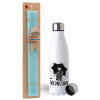 Easter Set, metallic stainless steel water bottle (750ml) & aromatic flat Easter candle (30cm) (TURQUOISE)