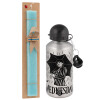 Easter Set, metallic silver aluminum water bottle (500ml) & scented flat Easter candle (30cm) (TURQUOISE)