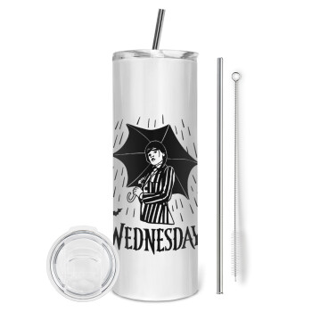 Wednesday Addams, Eco friendly ποτήρι θερμό (tumbler) από ανοξείδωτο ατσάλι 600ml, με μεταλλικό καλαμάκι & βούρτσα καθαρισμού