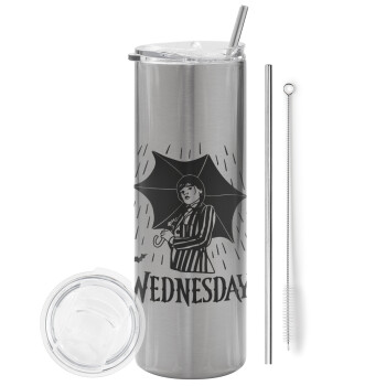 Wednesday Addams, Eco friendly ποτήρι θερμό Ασημένιο (tumbler) από ανοξείδωτο ατσάλι 600ml, με μεταλλικό καλαμάκι & βούρτσα καθαρισμού