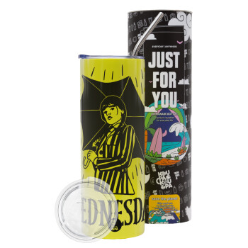 Wednesday Addams, Neon Yellow Travel Tumbler, with metal straw (Stainless steel 304 Food grade, BPA free, 600ml)