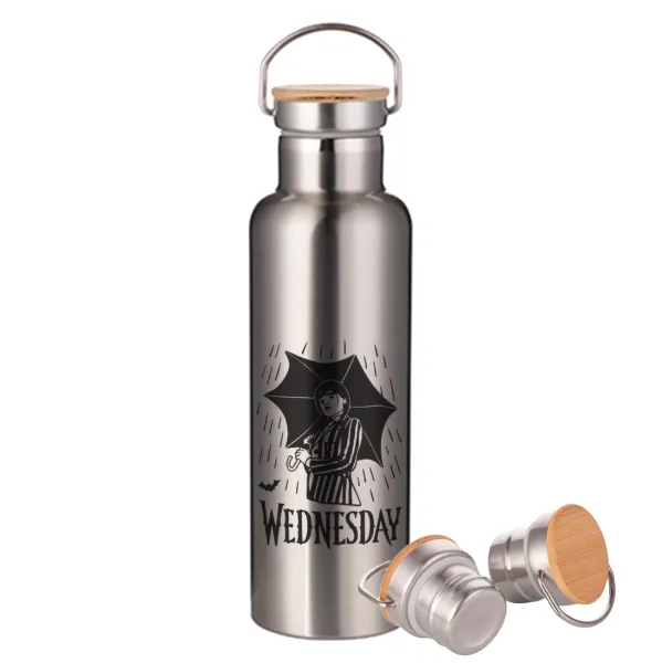 Wednesday Addams — Μεταλλικό παγούρι θερμός (Stainless steel) Ασημένιο με ξύλινο καπακι (bamboo), διπλού τοιχώματος, 750ml