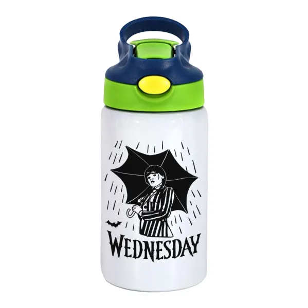 Wednesday Addams — Children's hot water bottle, stainless steel, with safety straw, green, blue (350ml)