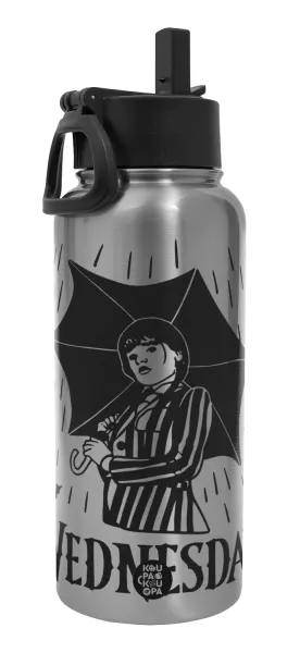 Wednesday Addams — Metal mug thermo Silver with Straw and Spout Lid (Stainless steel), double wall, 950ml